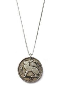 worn history authentic vintage tiny rabbit threepence irish coin necklace (1939-1968) (16 inches)