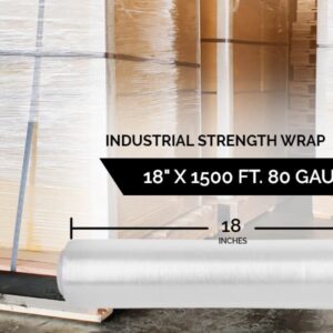 18" Stretch Film/Wrap 1500 feet 7 Layers 80 Gauge Industrial Strength up to 300% Stretch Clear Cling Durable Adhering Packing Moving Packaging Heavy Duty Shrink Film, Thick Plastic Packing Wrap– Clear 4 Pack