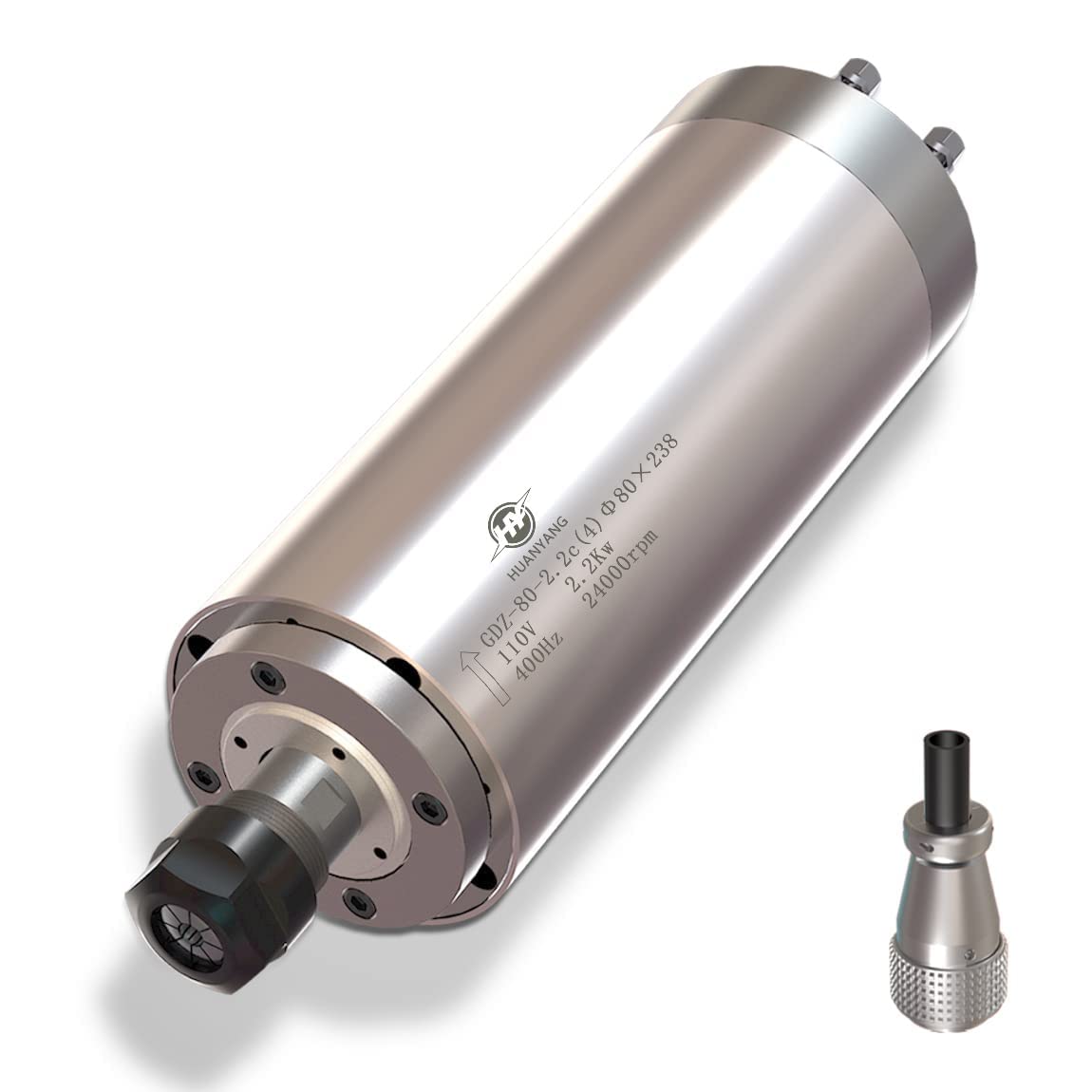 Huanyang Water Cooled CNC Spindle Milling Motor 110V 2.2KW 24000RPM 400hz Φ80mm ER20 Collet for Engraving Machine