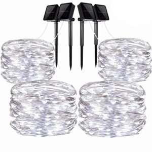 liyuanq solar string lights, 4 pack 100 led solar fairy lights 33 feet 8 modes silver wire lights waterproof outdoor string lights for garden patio gate yard party wedding indoor bedroom cool white