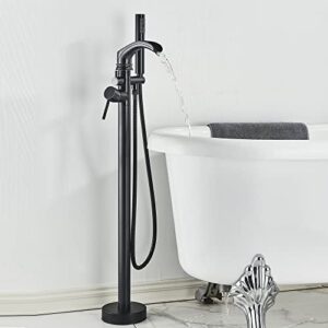 Votamuta Modern Dual Function Floor Mount Tub Filler Freestanding Bathtub Faucet Oil Rubbed Bronze Waterfall High Flow Standing Tub Faucets With Hand Shower Head Mixer Taps