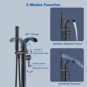 Votamuta Modern Dual Function Floor Mount Tub Filler Freestanding Bathtub Faucet Oil Rubbed Bronze Waterfall High Flow Standing Tub Faucets With Hand Shower Head Mixer Taps