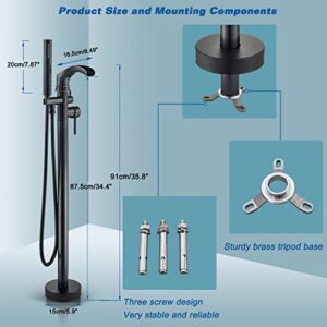 Votamuta Modern Dual Function Floor Mount Tub Filler Freestanding Bathtub Faucet Oil Rubbed Bronze Waterfall High Flow Standing Tub Faucets With Hand Shower Head Mixer Taps