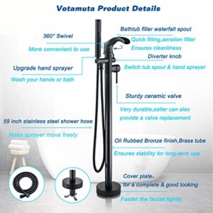 Votamuta Modern Dual Function Floor Mount Tub Filler Freestanding Bathtub Faucet Oil Rubbed Bronze Waterfall High Flow Standing Tub Faucets With Hand Shower Head Mixer Taps