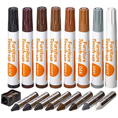 Katzco Furniture Repair Kit Wood Markers - 17 Pcs Set with Sharpener - Furniture Touch Up Markers for Floors, Bedposts, and Molding - Furniture Scratch Repair Markers - Wood Paint for Furniture