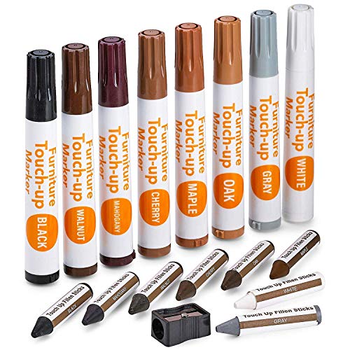 Katzco Furniture Repair Kit Wood Markers - 17 Pcs Set with Sharpener - Furniture Touch Up Markers for Floors, Bedposts, and Molding - Furniture Scratch Repair Markers - Wood Paint for Furniture