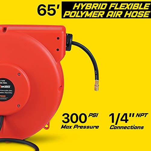 ReelWorksAir Hose Reel Retractable 1/4" Inch x 65’ Foot Hybrid Polymer Hose, Max 300 Psi Compressor Water Plastic Spring Driven Swivel Bracket Polypropylene Case Construction Industrial