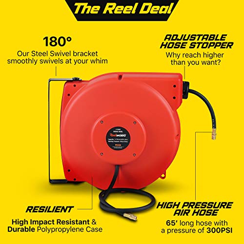 ReelWorksAir Hose Reel Retractable 1/4" Inch x 65’ Foot Hybrid Polymer Hose, Max 300 Psi Compressor Water Plastic Spring Driven Swivel Bracket Polypropylene Case Construction Industrial