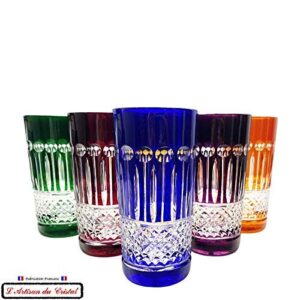 6 Aperitif Juice and Water Crystal Glasses - 6 Colors Assortment - Service Roemer Diamant (12 fl oz) - Klein House Artisan du Cristal - Gift set - Stamp : Klein 54120 Baccarat France