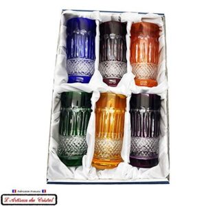 6 Aperitif Juice and Water Crystal Glasses - 6 Colors Assortment - Service Roemer Diamant (12 fl oz) - Klein House Artisan du Cristal - Gift set - Stamp : Klein 54120 Baccarat France