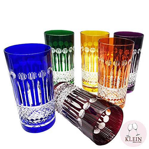 6 Aperitif Juice and Water Crystal Glasses - 6 Colors Assortment - Service Roemer Diamant (12 fl oz) - Klein House Artisan du Cristal - Gift set - Stamp : Klein 54120 Baccarat France