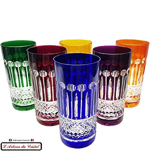 6 Aperitif Juice and Water Crystal Glasses - 6 Colors Assortment - Service Roemer Diamant (12 fl oz) - Klein House Artisan du Cristal - Gift set - Stamp : Klein 54120 Baccarat France