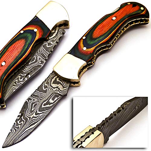 Skokie Knives Custom Hand Made Damascus Steel Hunting Folding Knife Handle Pakka Wood