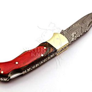 Skokie Knives Custom Hand Made Damascus Steel Hunting Folding Knife Handle Pakka Wood