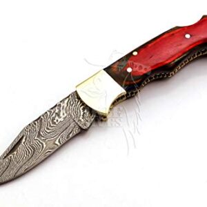 Skokie Knives Custom Hand Made Damascus Steel Hunting Folding Knife Handle Pakka Wood