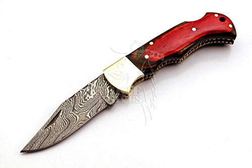 Skokie Knives Custom Hand Made Damascus Steel Hunting Folding Knife Handle Pakka Wood