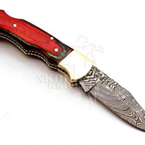 Skokie Knives Custom Hand Made Damascus Steel Hunting Folding Knife Handle Pakka Wood