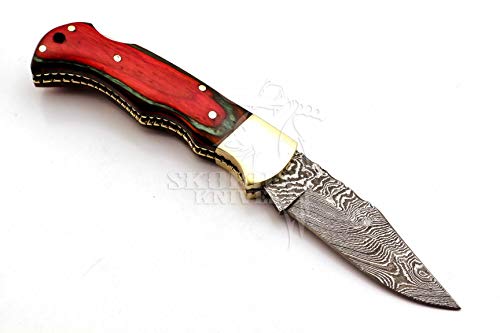 Skokie Knives Custom Hand Made Damascus Steel Hunting Folding Knife Handle Pakka Wood