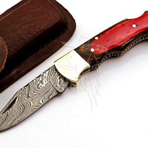 Skokie Knives Custom Hand Made Damascus Steel Hunting Folding Knife Handle Pakka Wood