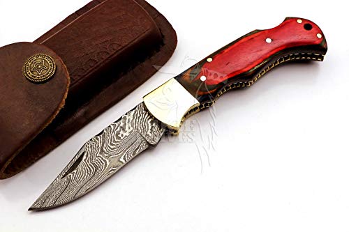 Skokie Knives Custom Hand Made Damascus Steel Hunting Folding Knife Handle Pakka Wood