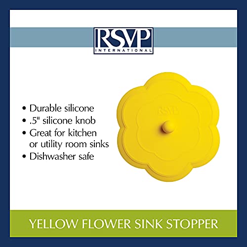 RSVP International Yellow Silicone Flower Kitchen Stopper, 6" | Sink Plug | Water-Tight Seal | Durable Silicone Withstands Hot Water | Dishwasher Safe