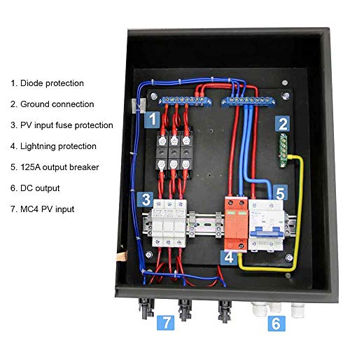 AIMS Power COM3IN60A Solar Array Combiner Box, 60A 200VDC 3 Strings 10KW, Prewired, 1000V DC Max Input, 125A Resettable Output Breaker, Diode Protected, MC4 Input and Out Connections