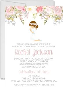 pink floral first holy communion invitations for girls