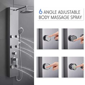 ROVOGO 304 Stainless Steel Shower Panels System with 8-inch Rainfall Shower, 6 Body Jets and 5-Setting Handheld Shower Wand, Shower Tower with Adjustable Head, Stainless Steel Brushed