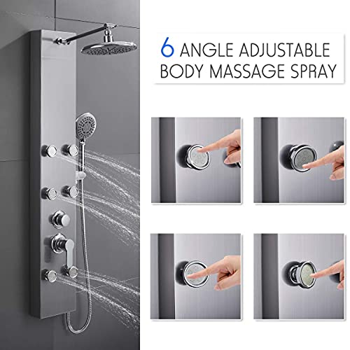 ROVOGO 304 Stainless Steel Shower Panels System with 8-inch Rainfall Shower, 6 Body Jets and 5-Setting Handheld Shower Wand, Shower Tower with Adjustable Head, Stainless Steel Brushed