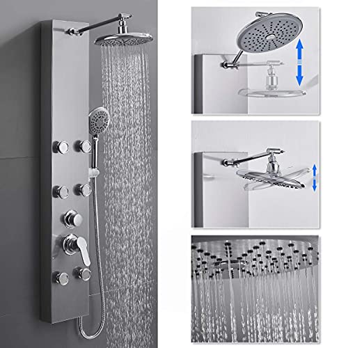 ROVOGO 304 Stainless Steel Shower Panels System with 8-inch Rainfall Shower, 6 Body Jets and 5-Setting Handheld Shower Wand, Shower Tower with Adjustable Head, Stainless Steel Brushed