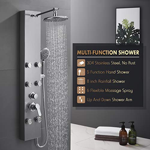 ROVOGO 304 Stainless Steel Shower Panels System with 8-inch Rainfall Shower, 6 Body Jets and 5-Setting Handheld Shower Wand, Shower Tower with Adjustable Head, Stainless Steel Brushed