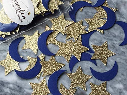 Navy Moon and Gold Glitter Star Confetti - Premium Handcrafted - (Set of 220 Pieces)