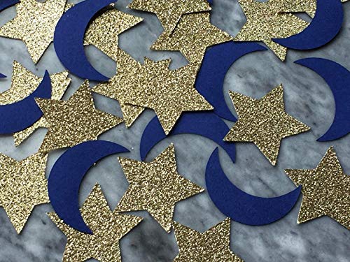 Navy Moon and Gold Glitter Star Confetti - Premium Handcrafted - (Set of 220 Pieces)