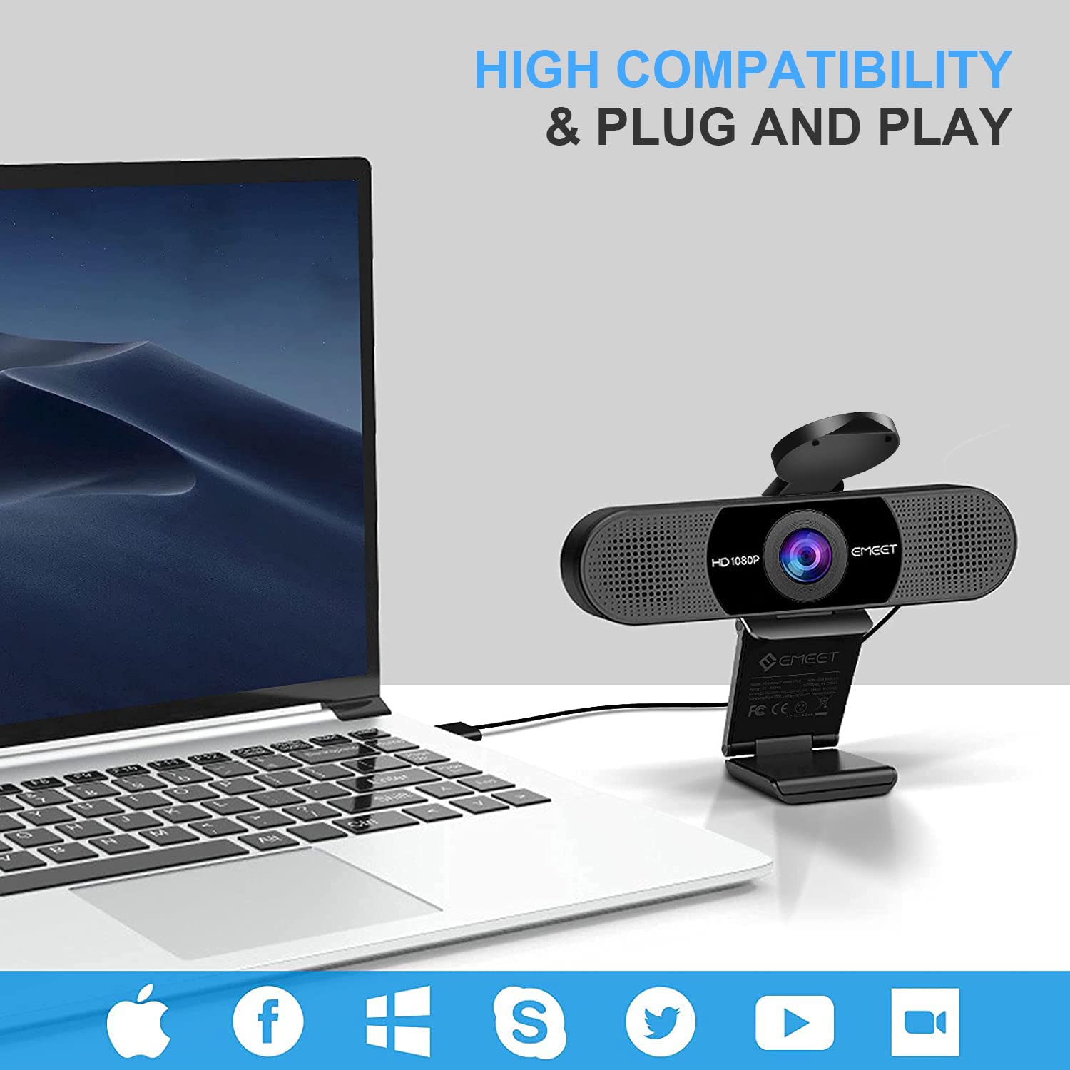 1080P Webcam with Microphone, C960 Web Camera, 2 Mics Streaming Webcam, 90°View Computer Camera, Plug and Play USB Webcam for Online Calling/Conferencing, Zoom/Skype/Facetime/YouTube, Laptop/Desktop