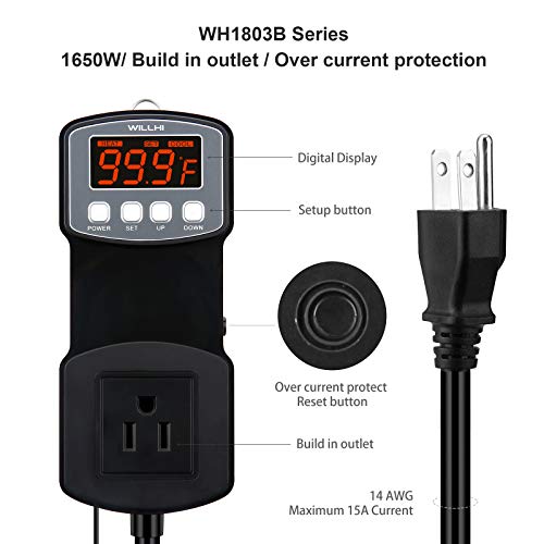 WILLHI Digital Temperature Controller Build in Outlet 1650W 110V 15A Over Current Protection Thermostat Controller Heating Cooling -22~572℉ for Reptile Freezer Greenhouse Temperature Control, WH-1803B