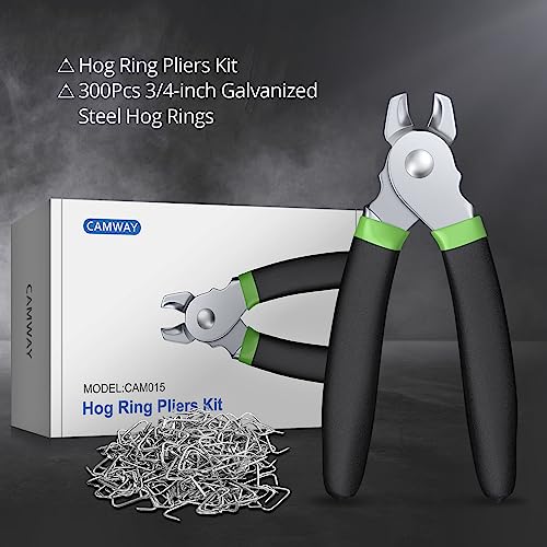 CAMWAY Hog Ring Pliers Kit & 300pcs 3/4inch Galvanized Steel Hog Rings, Professional Interior Exterior Decoration Installation Tool for Nailing,Car Cushions,Fences,Pet Cages,Wire Mesh