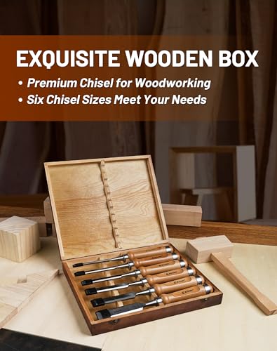EZARC 6 Pieces Wood Chisel Tool Sets Woodworking Carving Chisel Kit with Premium Wooden Case for Carpenter Craftsman