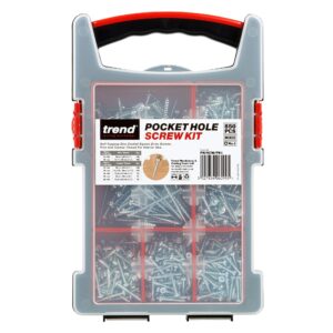 trend pocket hole screws for hard & softwoods, selection pack of 850, self-tapping zinc coated square drive screws in carry case, ph/scw/pk1