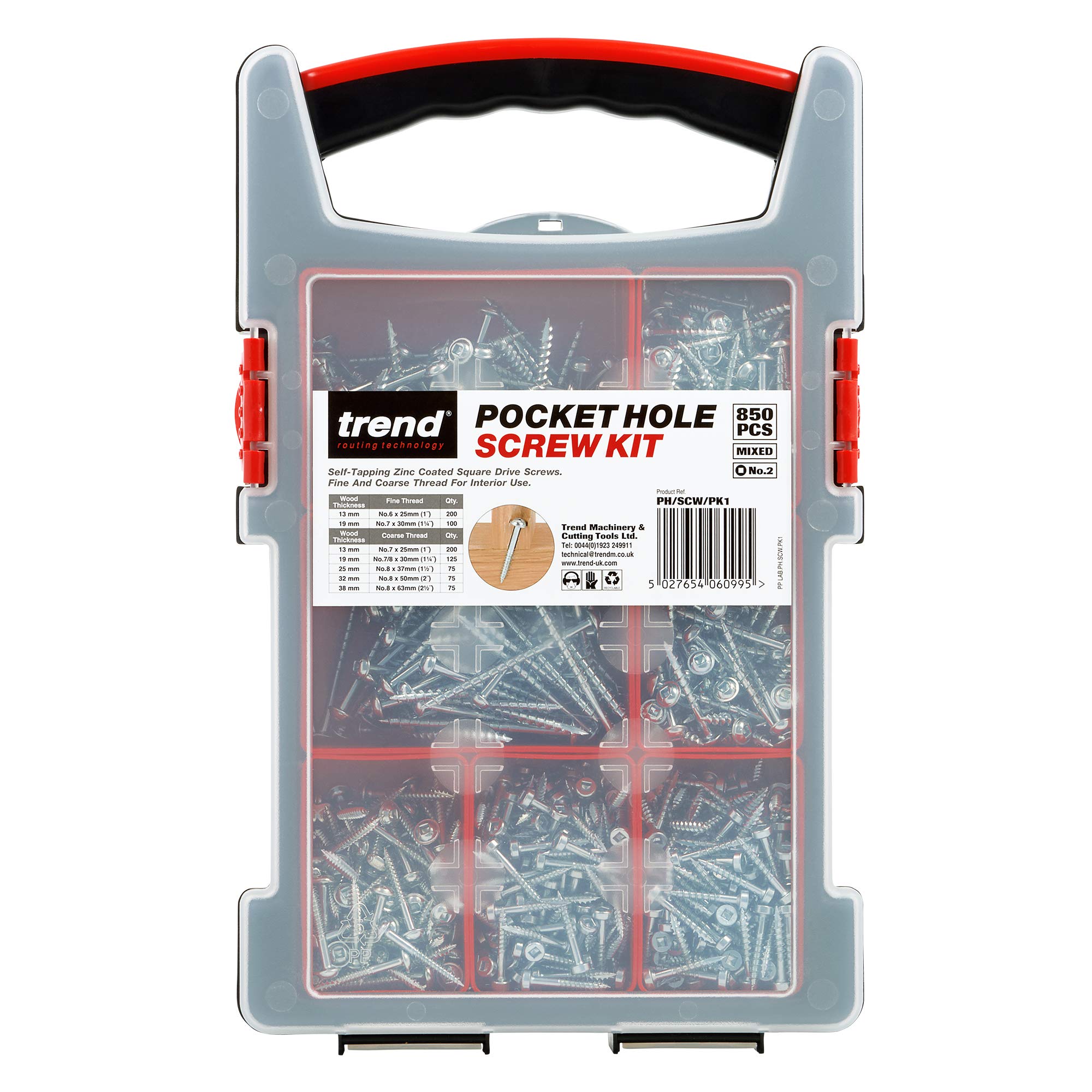 Trend Pocket Hole Screws for Hard & Softwoods, Selection Pack of 850, Self-Tapping Zinc Coated Square Drive Screws in Carry Case, PH/SCW/PK1