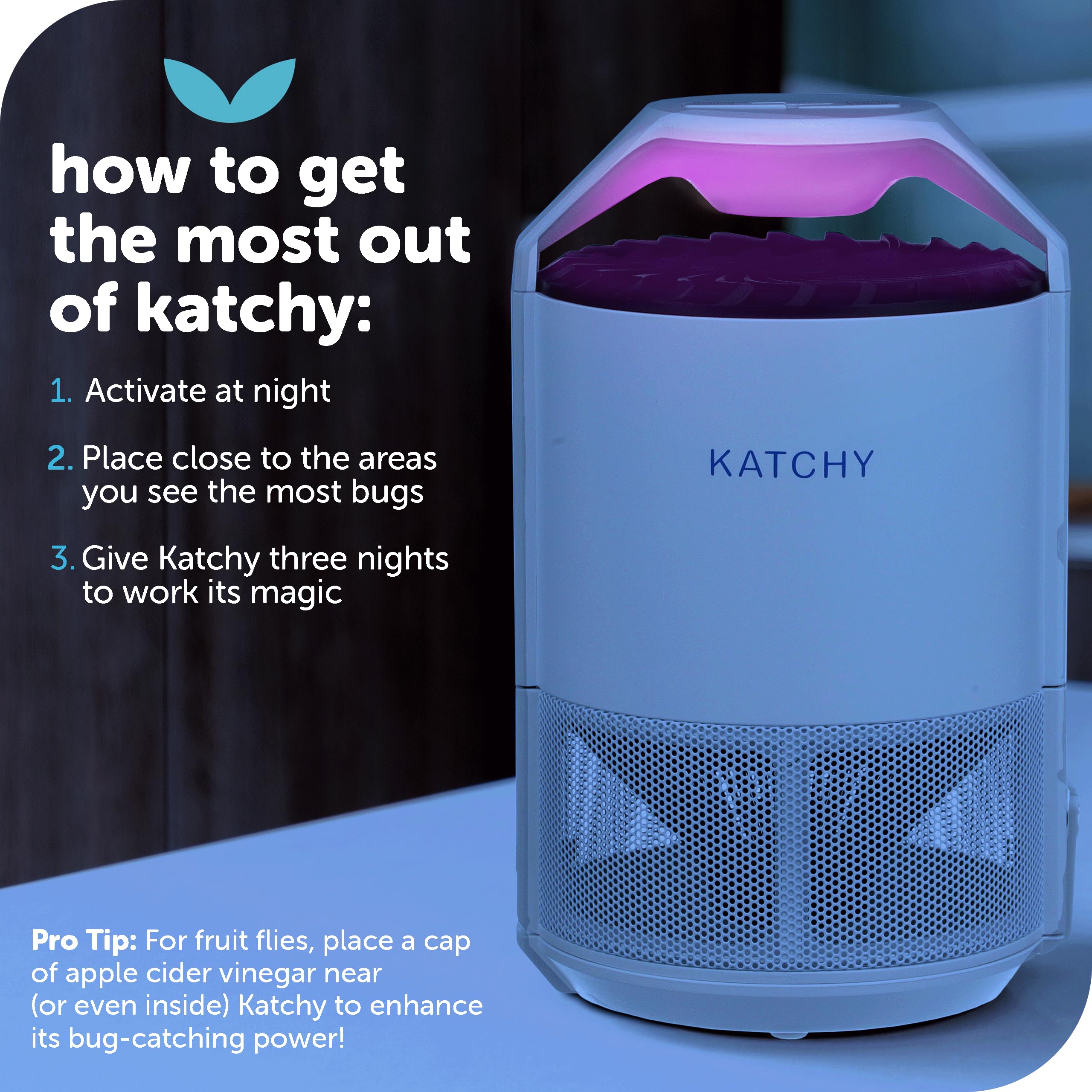 Katchy Indoor Insect Trap - Catcher & Killer for Mosquitos, Gnats, Moths, Fruit Flies - Non-Zapper Traps for Inside Your Home - Catch Insects Indoors with Suction, Bug Light & Sticky Glue (White)