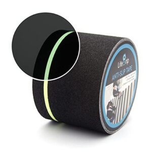 lifegrip anti slip traction tape with glow in dark green stripe, 4 inch x 30 feet - best grip, friction, abrasive adhesive for stairs, tread step, indoor and outdoor, black (4 inch x 30 feet)