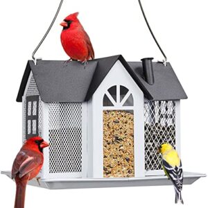 kingsyard bird feeder house for outside, metal mesh wild bird feeder with triple feeders for finch cardinal chickadee, large capacity, weatherproof and durable
