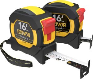 lexivon [2-pack] 16ft/5m dualock tape measure | 1-inch wide blade with nylon coating, matt finish white & yellow dual sided rule print | ft/inch/fractions/metric (lx-208)