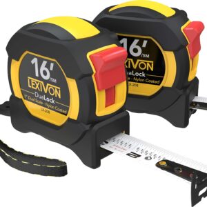 LEXIVON [2-Pack] 16Ft/5m DuaLock Tape Measure | 1-Inch Wide Blade with Nylon Coating, Matt Finish White & Yellow Dual Sided Rule Print | Ft/Inch/Fractions/Metric (LX-208)