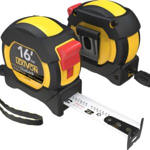 LEXIVON [2-Pack] 16Ft/5m DuaLock Tape Measure | 1-Inch Wide Blade with Nylon Coating, Matt Finish White & Yellow Dual Sided Rule Print | Ft/Inch/Fractions/Metric (LX-208)