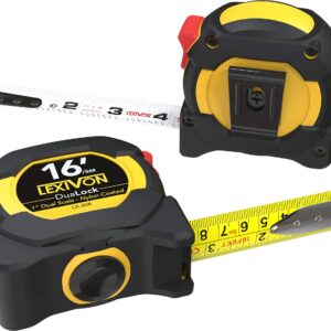 LEXIVON [2-Pack] 16Ft/5m DuaLock Tape Measure | 1-Inch Wide Blade with Nylon Coating, Matt Finish White & Yellow Dual Sided Rule Print | Ft/Inch/Fractions/Metric (LX-208)