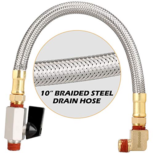 Hromee Extended Tank Drain Assembly Kit with 10 Inch Braided Steel Hose 1/4 Inch Drain Valve and Elbow Fitting for Air Compressor