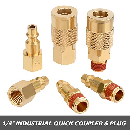 Hromee Air Hose Fittings 1/4 Inch NPT Brass Quick Connect Coupler and Plug, 20 Pieces Air Compressor Accessory Kit with Blow Gun and Tire Gauge