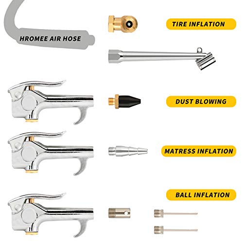 Hromee Air Hose Fittings 1/4 Inch NPT Brass Quick Connect Coupler and Plug, 20 Pieces Air Compressor Accessory Kit with Blow Gun and Tire Gauge