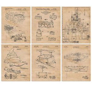 vintage amusement park rides patent prints, 6 (8x10) unframed photos, wall art decor gifts under 25 for home walter disney office garage shop school college student teacher coach roller coaster fans